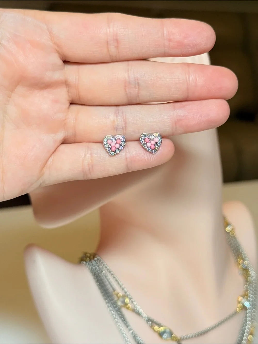 Heart-Shaped Pink Crystal and Beads Stud Earrings - Women Jewelry